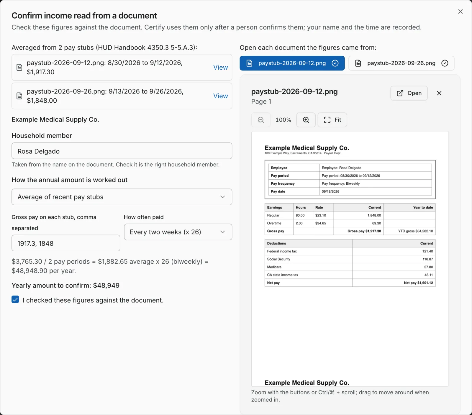 Confirm dialog: two pay stubs averaged into one yearly figure, the scanned pay stub open beside the figures, and the tick box "I checked these figures against the document."