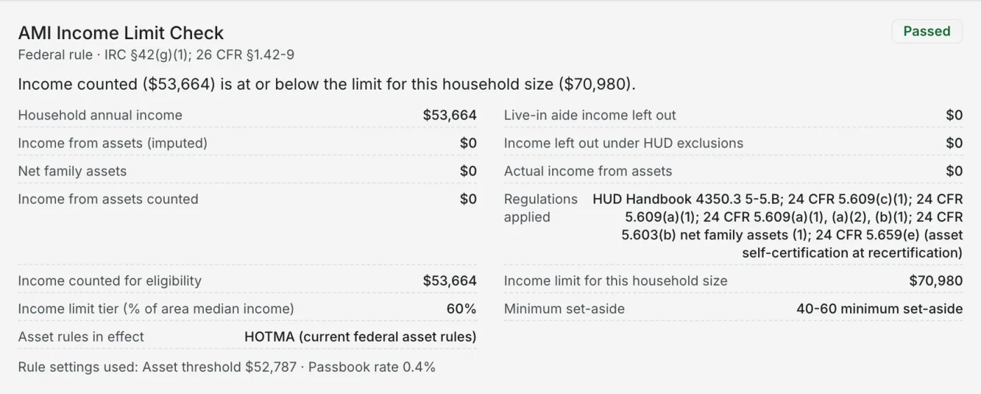 Income limit check: income counted $53,664 is at or below the $70,980 limit for a household of 3 (HUD's 2026 60% limit for Sacramento County), with the figures used and the regulations applied.