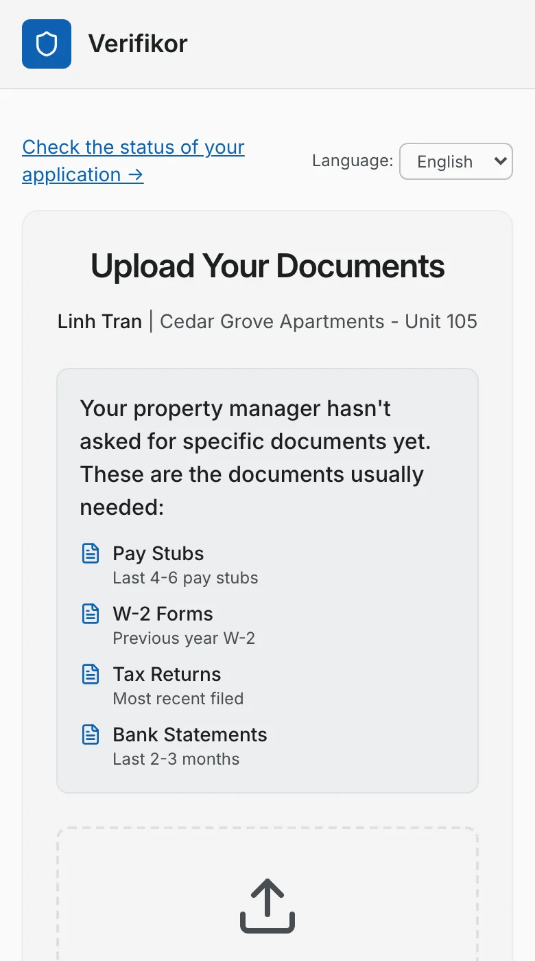 Tenant upload page on a phone, in English.