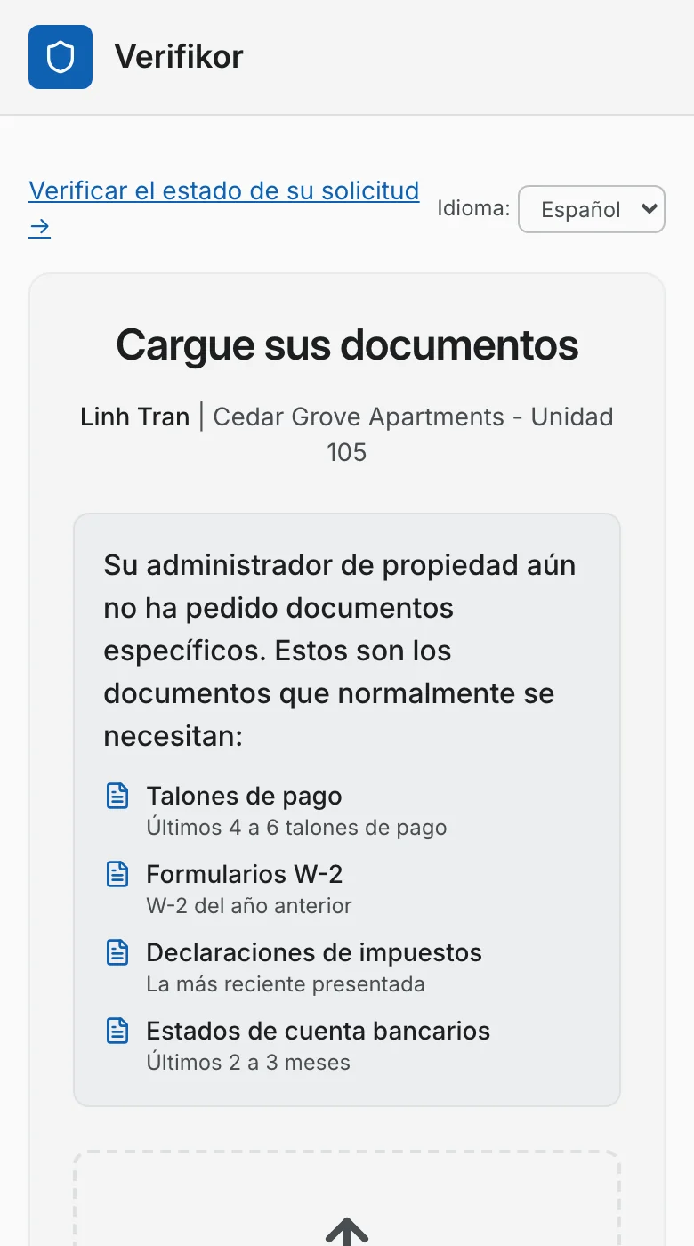 The same tenant upload page in Spanish: Cargue sus documentos.